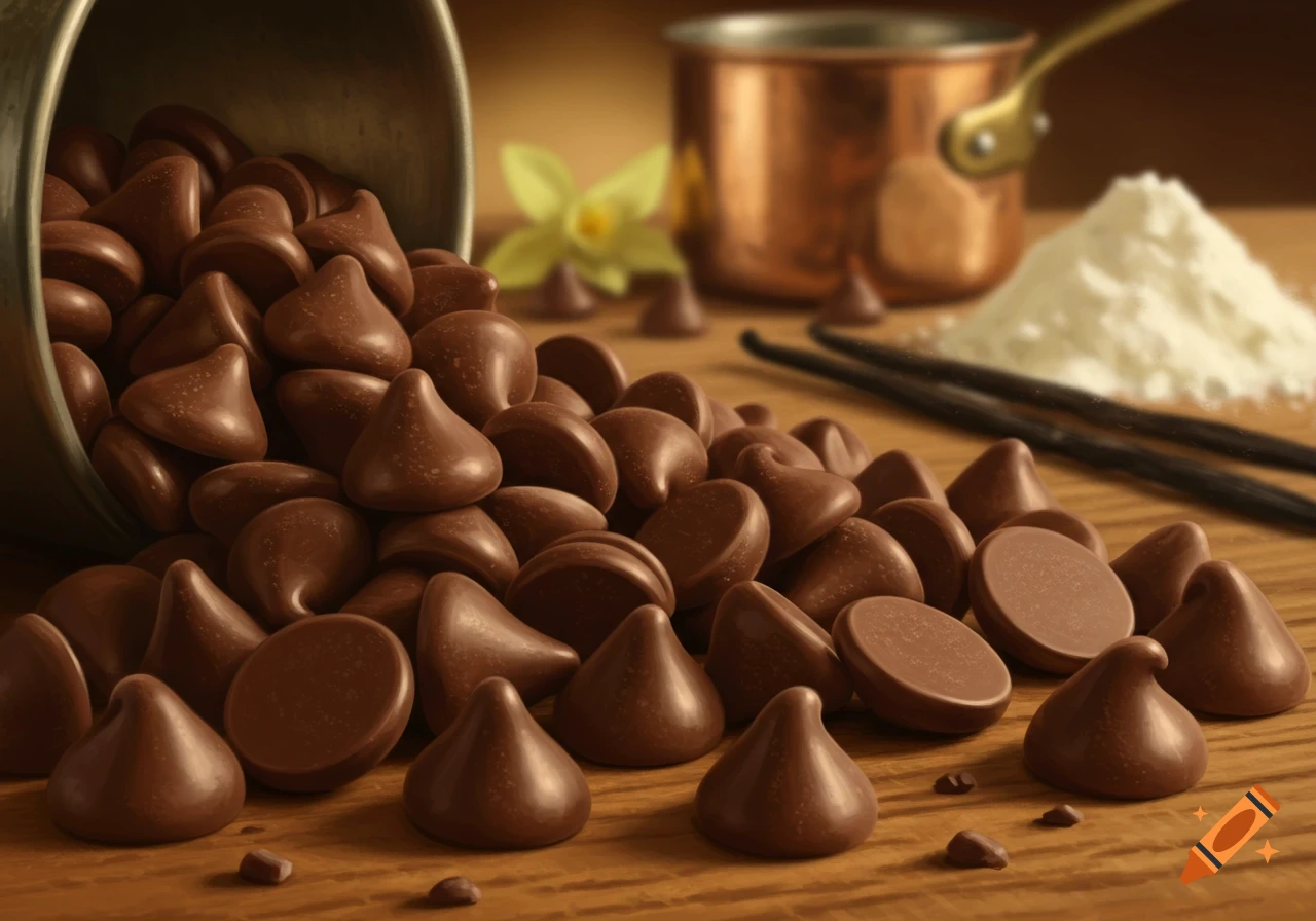 A close-up, photorealistic image of chocolate chips spilling from a metal bowl onto a wooden surface, with vanilla pods and flour in the background.