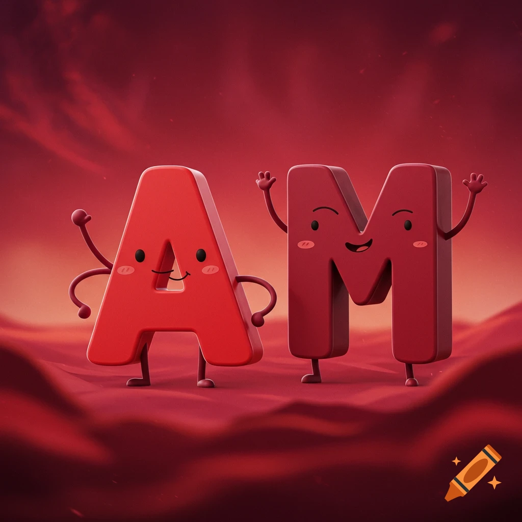 Two red cartoon letters, A and M, with smiling faces and limbs, stand on a red textured surface under a red sky.