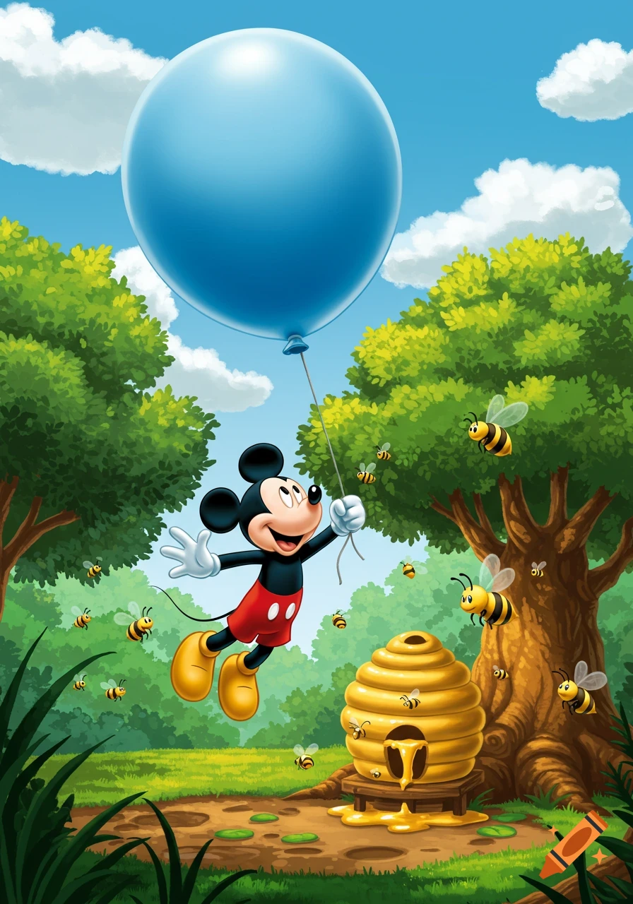 Mickey Mouse floats above a beehive in a green forest, holding a large blue balloon as bees buzz around.