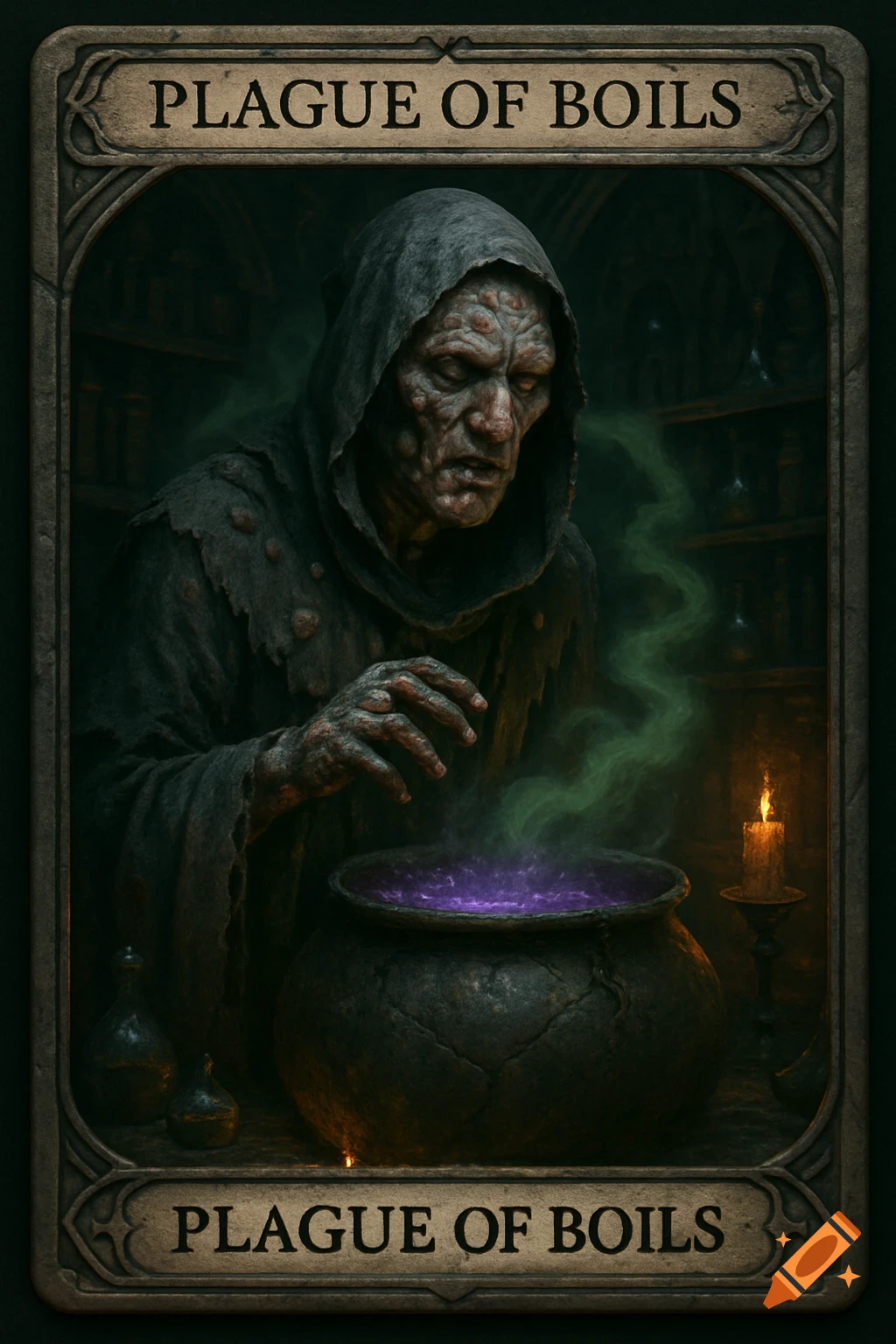 A dark fantasy trading card titled "Plague of Boils" featuring a hooded figure with a diseased face stirring a glowing purple potion in a cauldron.