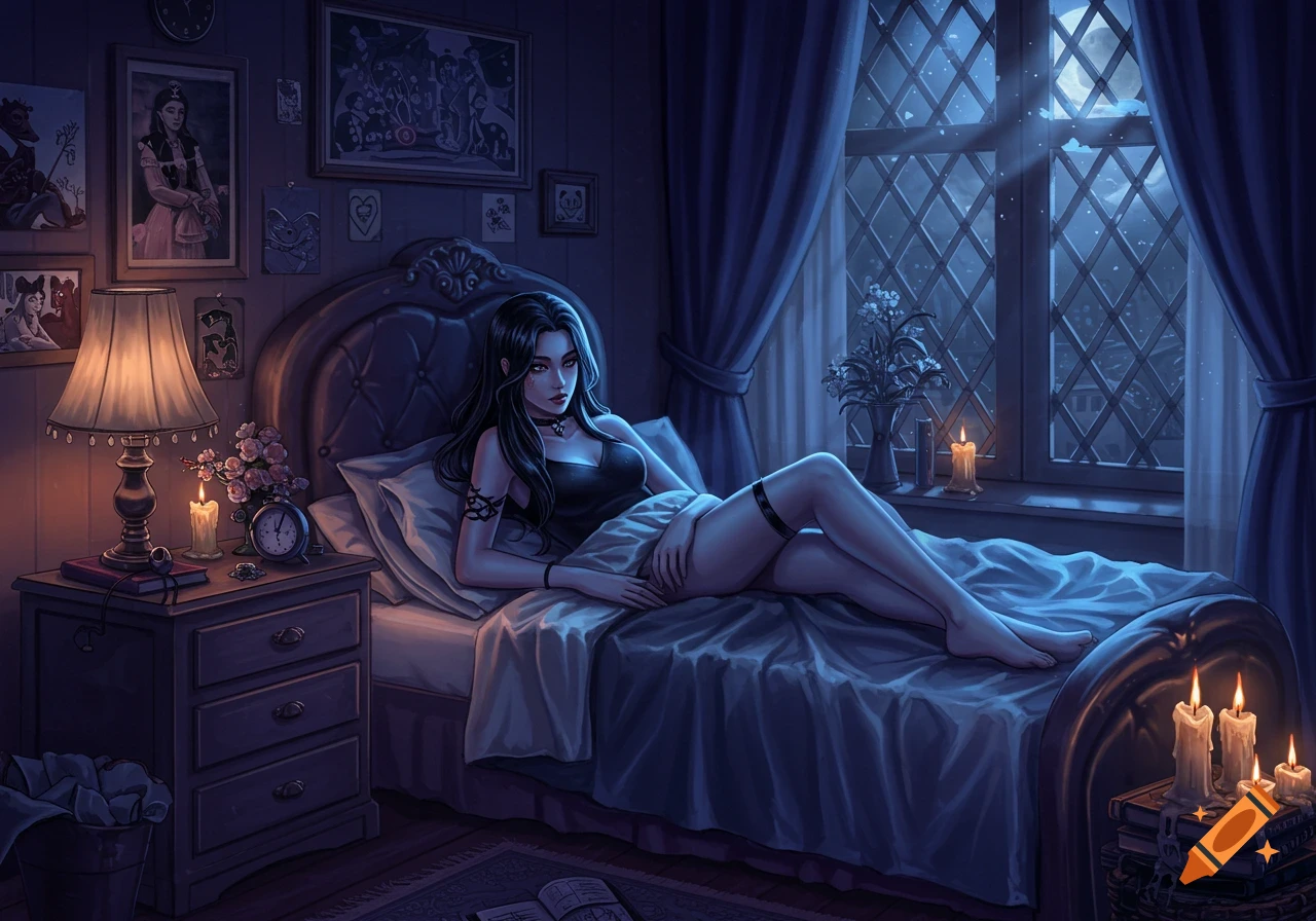 A woman with long dark hair in a black slip lies on a bed in a moody, candlelit bedroom, with moonlight streaming through a large window.