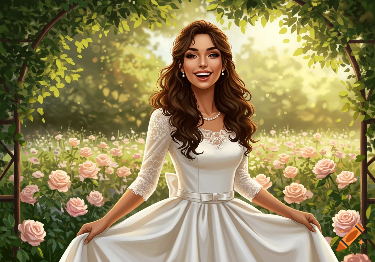Smiling brunette in a white bridal dress in a lush rose garden under a leafy arbor, digital art.