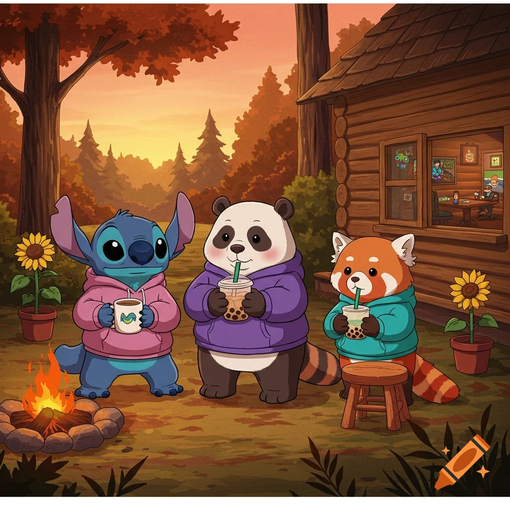 Cartoon Stitch, panda, and red panda in hoodies around a campfire at sunset with a log cabin.