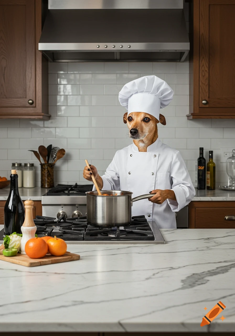 A photorealistic image of a dog wearing a chef's hat and white uniform, stirring a pot of stew on a stove in a modern kitchen.