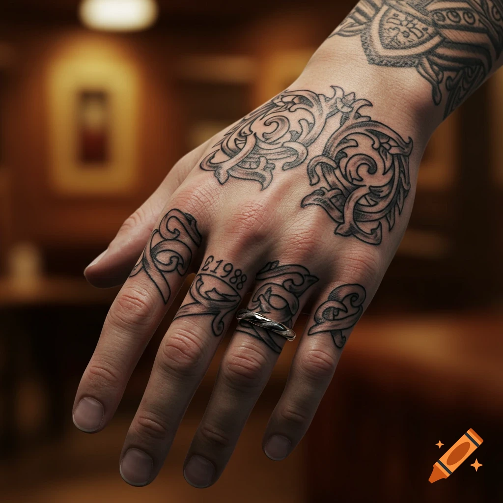 Close-up of a tattooed hand wearing a ring, with intricate black tattoos covering the fingers and back of the hand.
