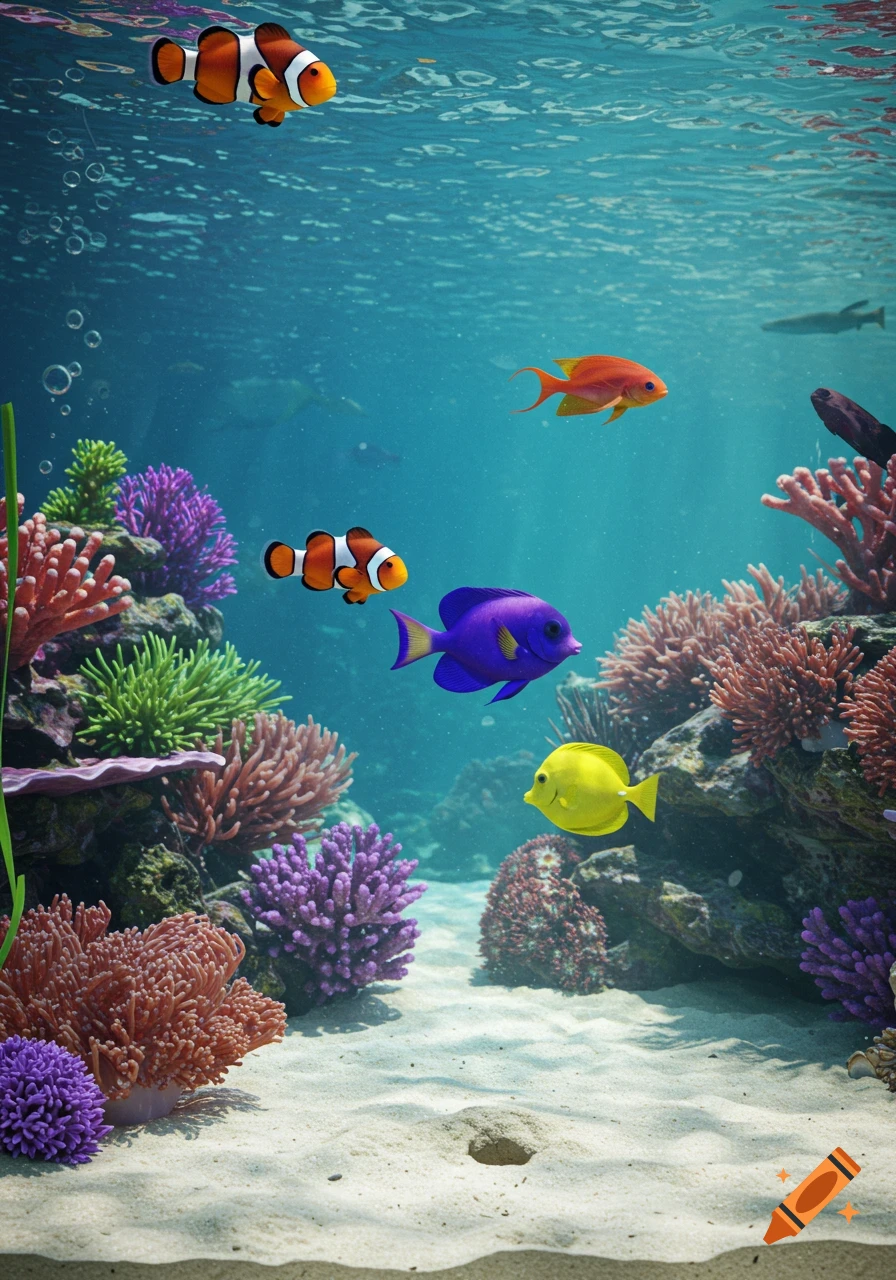 A vibrant underwater scene with various colorful fish and coral reefs. Two clownfish swim near the surface, while purple, orange, and yellow fish are among the corals on the sandy seabed.