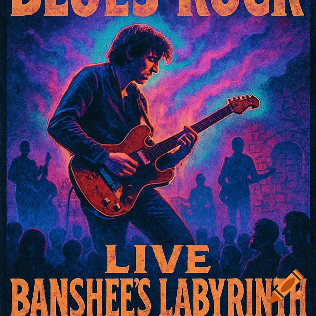 A vibrant, stylized poster features a guitarist on stage, illuminated by neon blues and pinks, with 'BLUES ROCK' and 'LIVE BANSHEE'S LABYRINTH' text.