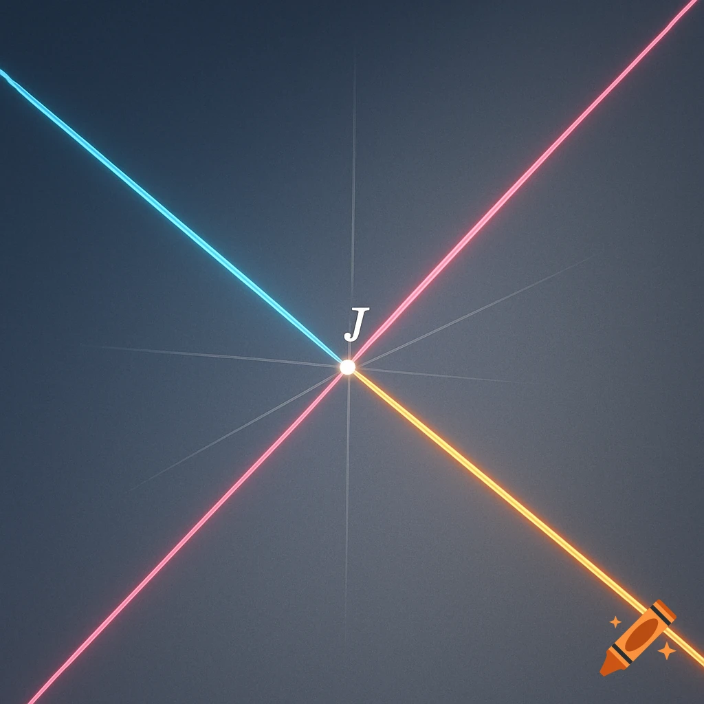Three bright neon lines in blue, pink, and orange intersect at a central white point labeled with a white 'J' on a dark gray background.