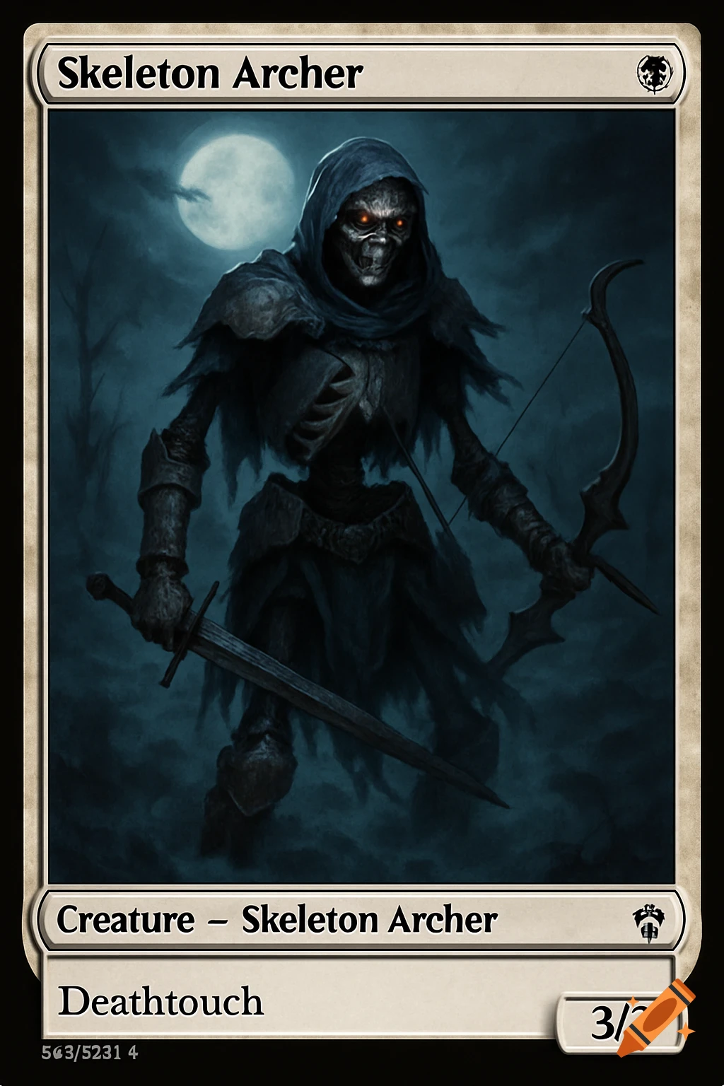 A full-frame fantasy trading card featuring a skeletal archer in dark armor and robes, with glowing red eyes, holding a sword and a bow under a full moon.