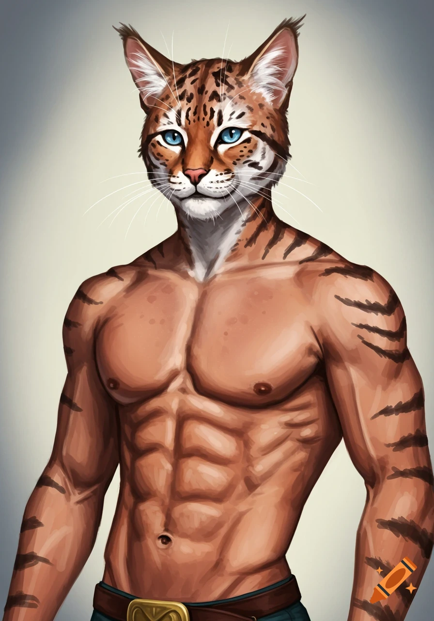 An anthropomorphic muscular cat-man with blue eyes and spotted fur stands shirtless, looking forward.