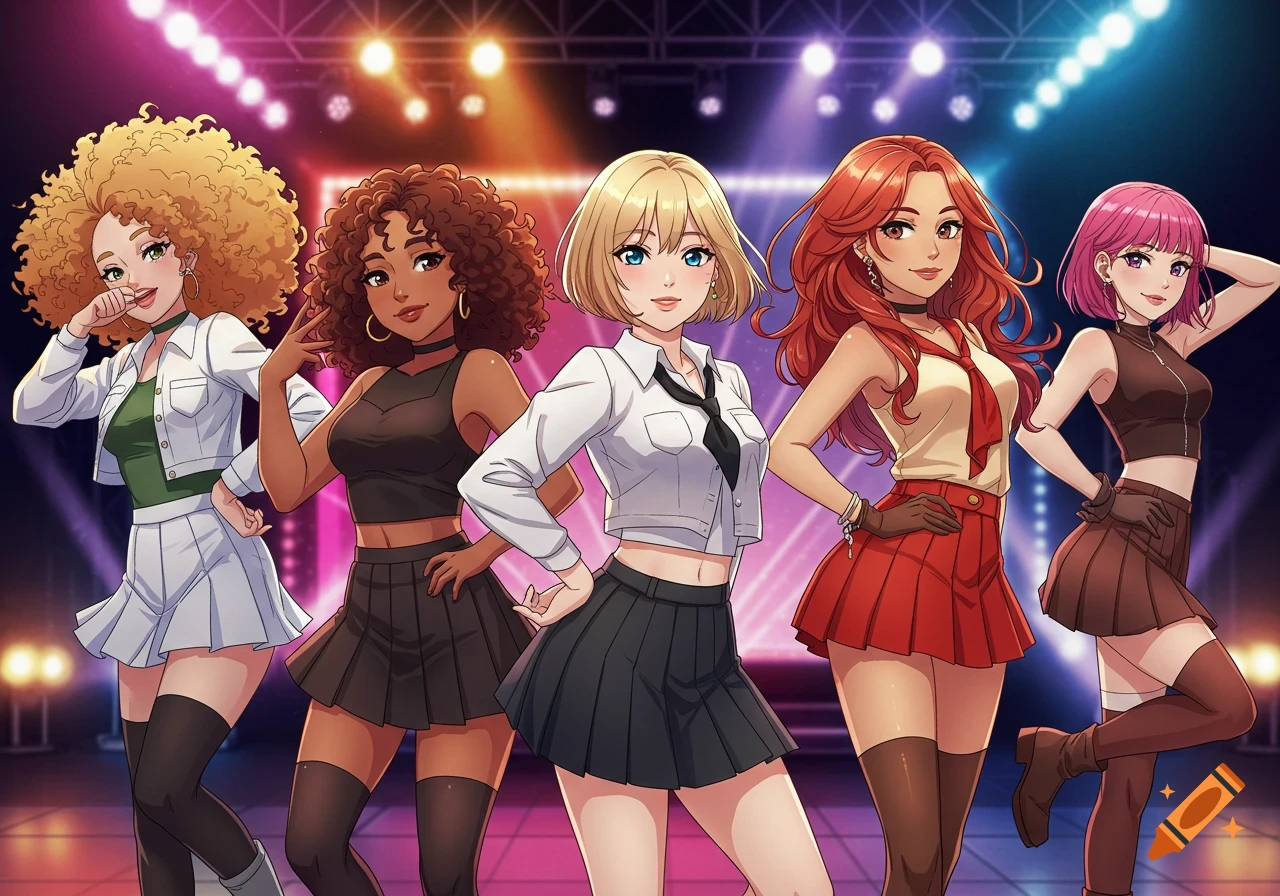 Five anime girls in stage outfits posing on a brightly lit stage.