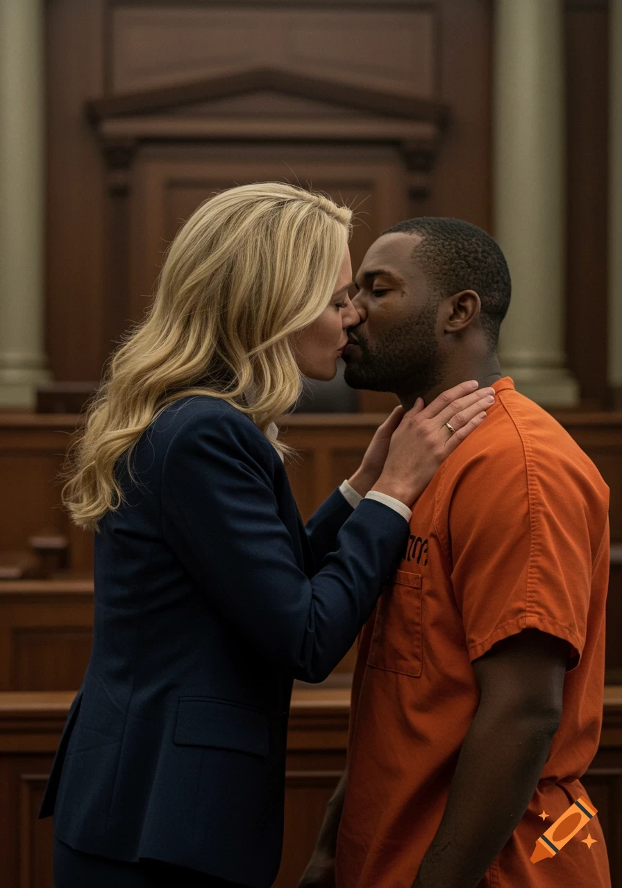A blonde lawyer in a navy suit kisses a man in an orange prisoner jumpsuit in a courtroom.