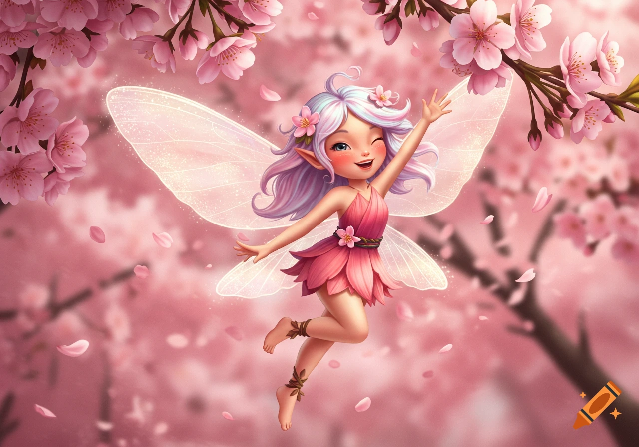 A cheerful, cute fairy with white and purple hair, pink dress, and glowing wings floats among pink cherry blossoms.