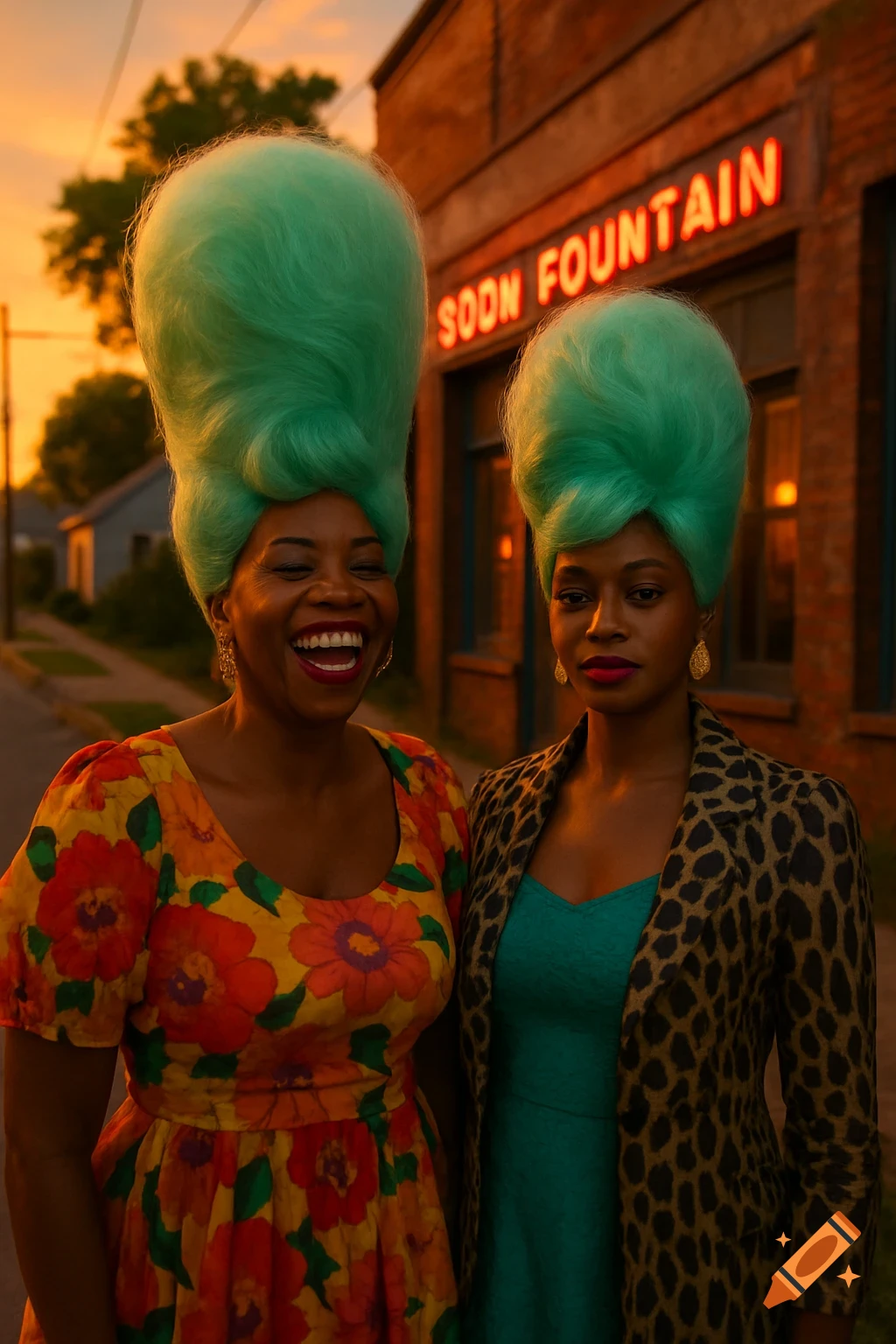 Two Black women with tall, mint green beehive hairstyles stand outside. One on the left smiles in a floral dress, the other on the right wears a leopard print jacket. A neon sign "SOON FOUNTAIN" glows behind them at sunset.