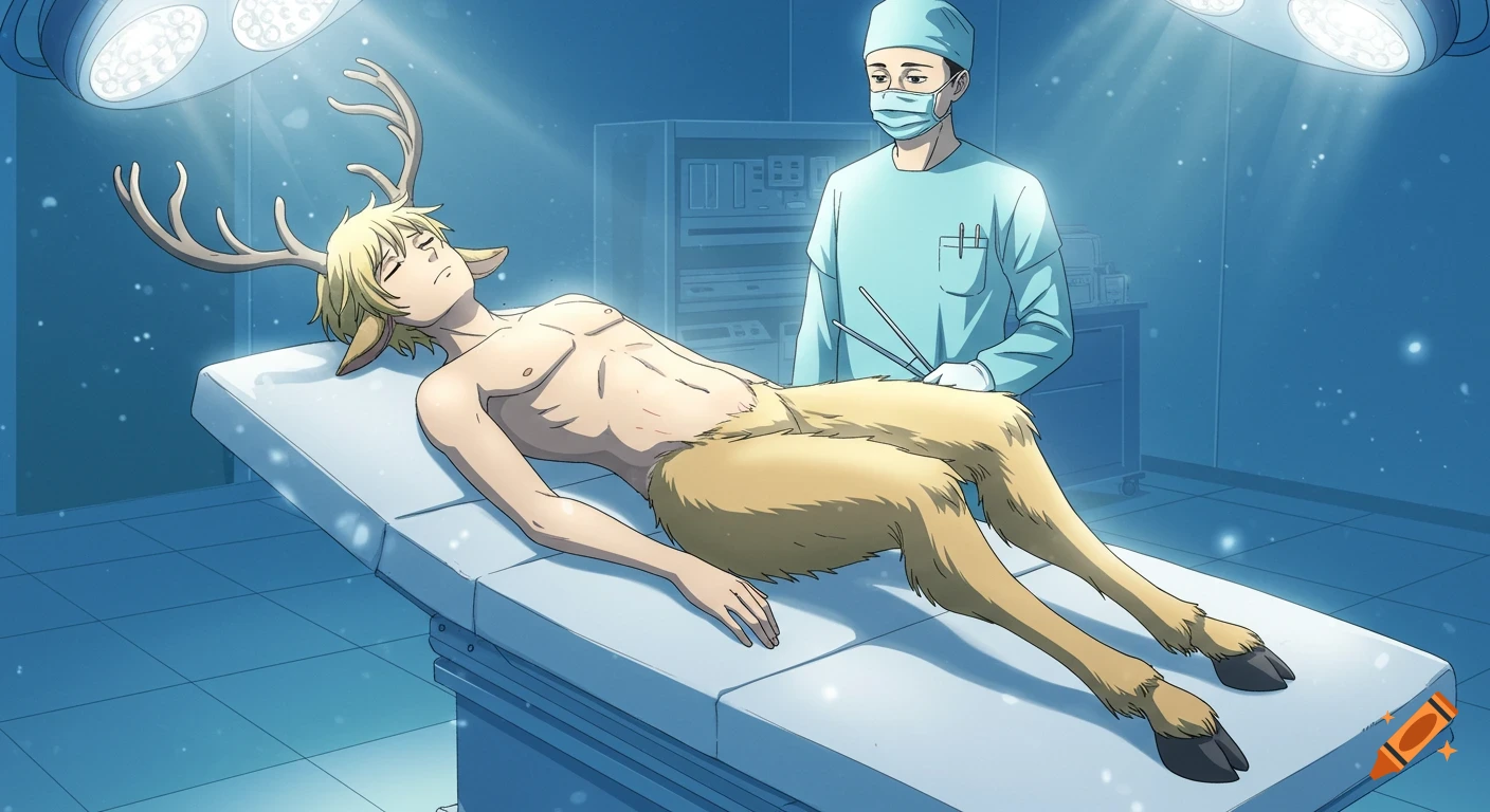 An anime-style blond satyr with antlers and hooves lies on an operating table, with a surgeon standing nearby.