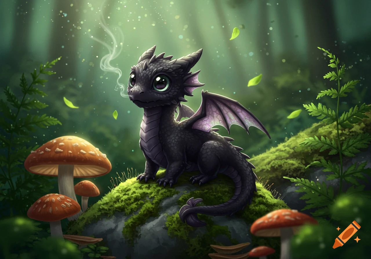 A cute black dragon with big eyes sits on a mossy rock in a magical forest with glowing mushrooms and falling leaves.