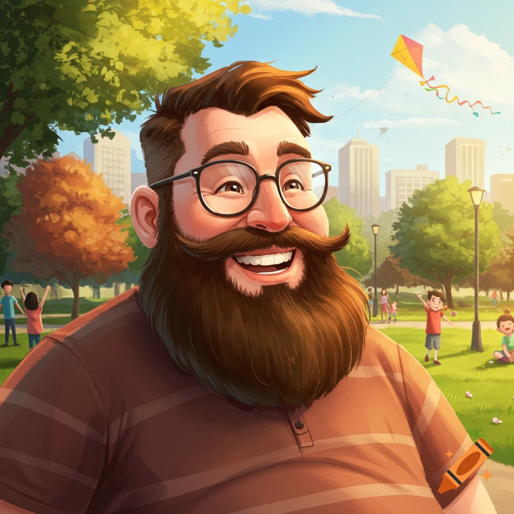A cartoon illustration of a happy man with a big bushy beard and glasses smiling in a park with kids and a city in the background.