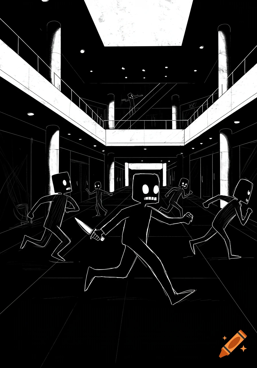 A stylized black and white sketch depicts block-headed figures running through an empty mall, one chasing others with a knife.