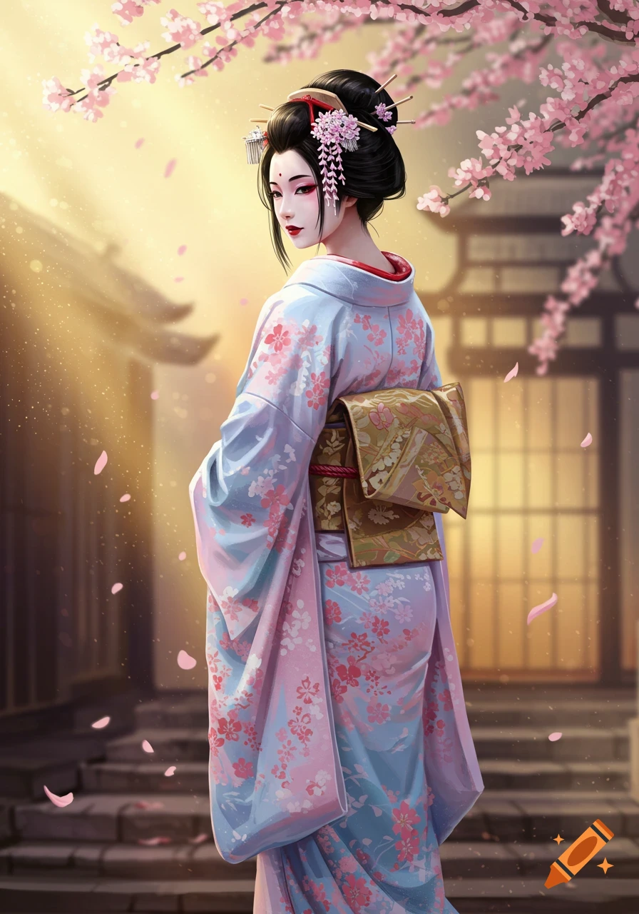 An elegant geisha in a light blue and pink floral kimono stands under cherry blossoms, looking over her shoulder.
