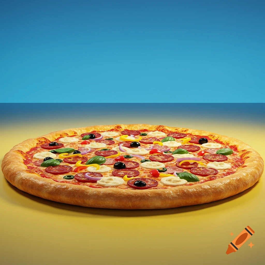 A large, ultra-realistic pizza with various toppings on a yellow surface against a blue background.