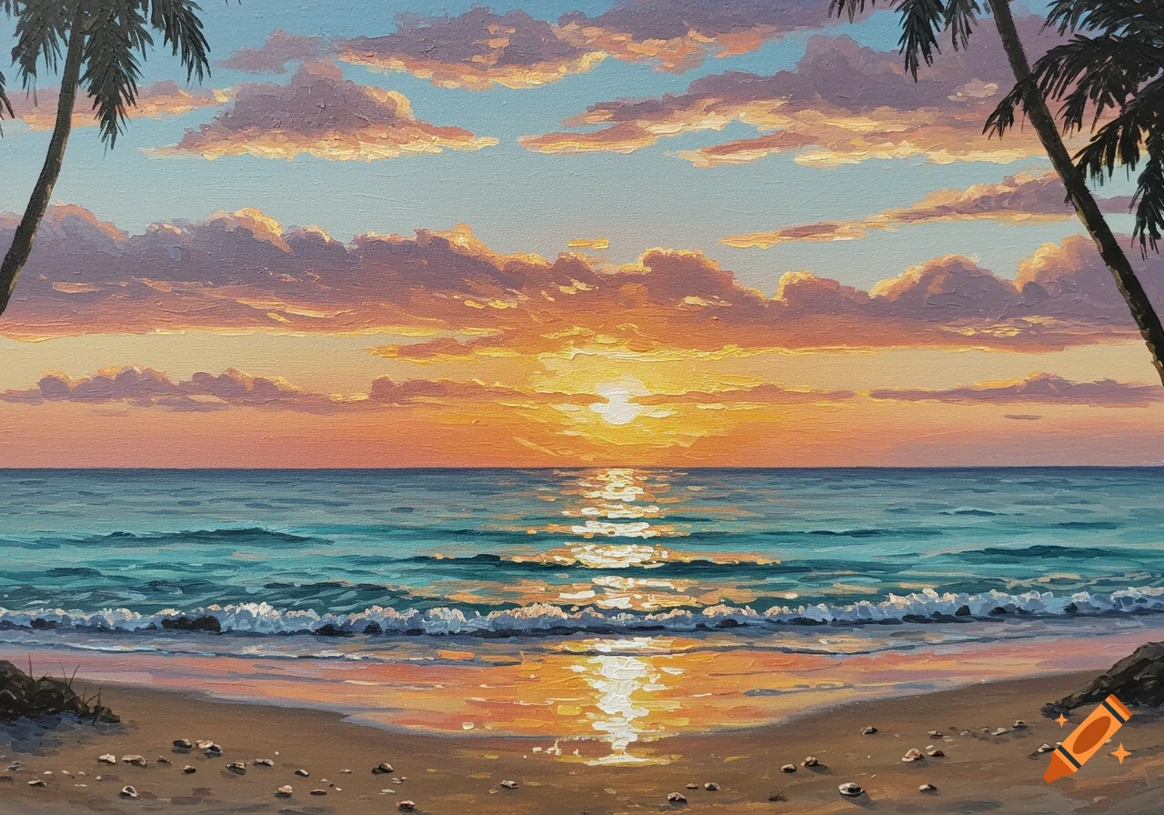 Oil painting of a vivid sunset over a tropical beach, with warm orange and pink clouds and palm trees framing the scene.