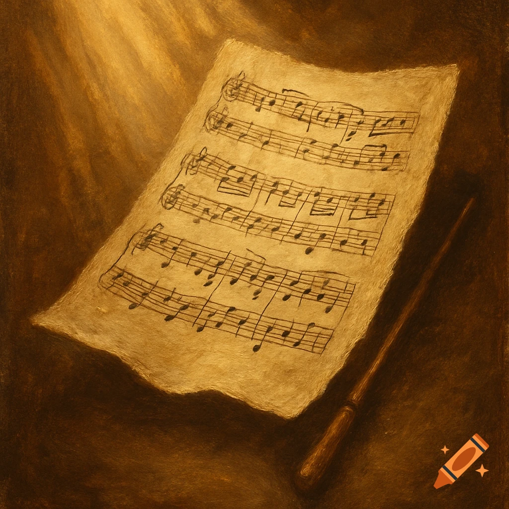 An old, textured sheet of music with notes illuminated by warm light, next to a conductor's baton.