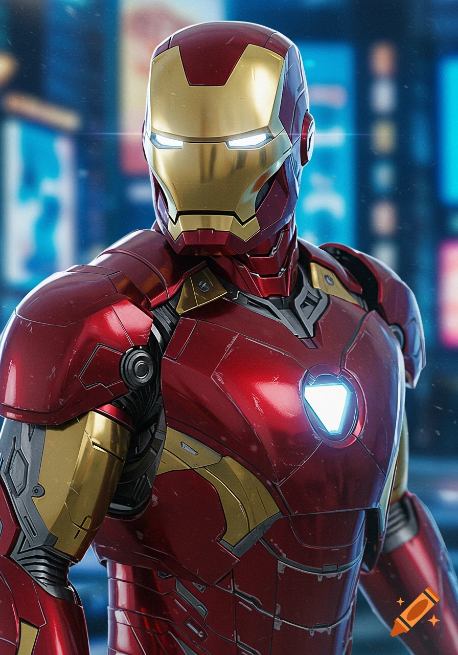 Close-up photorealistic image of a red and gold Iron Man armor suit with glowing eyes and arc reactor, against a blurred city lights background.