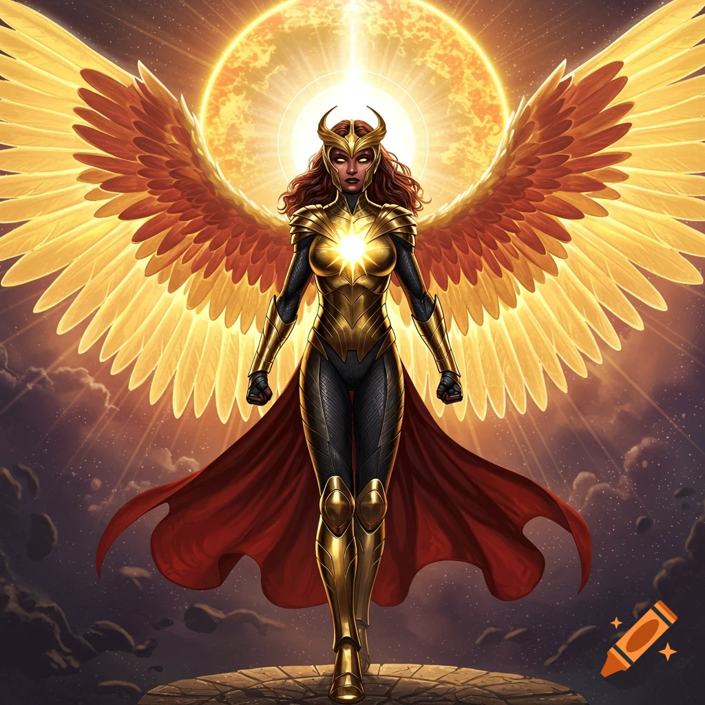 A powerful superheroine in golden armor with a red cape, large golden wings, and a glowing chest emblem stands under a radiant sun.