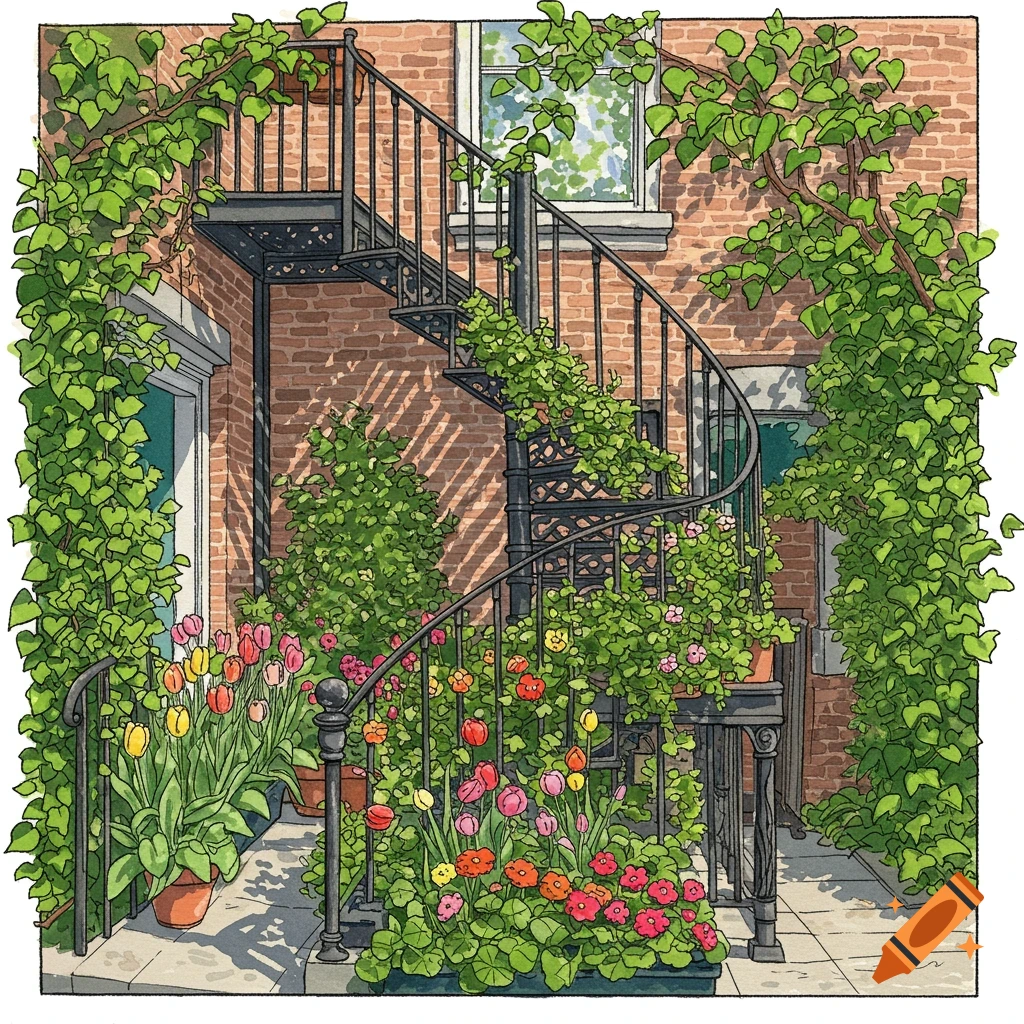 An illustration of a black spiral staircase on a brick building, covered in green vines and colorful tulips and flowers.