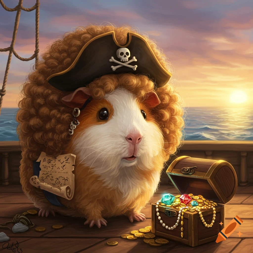 An illustrated guinea pig with curly brown fur, wearing a pirate hat, holds a scroll on a ship deck at sunset.