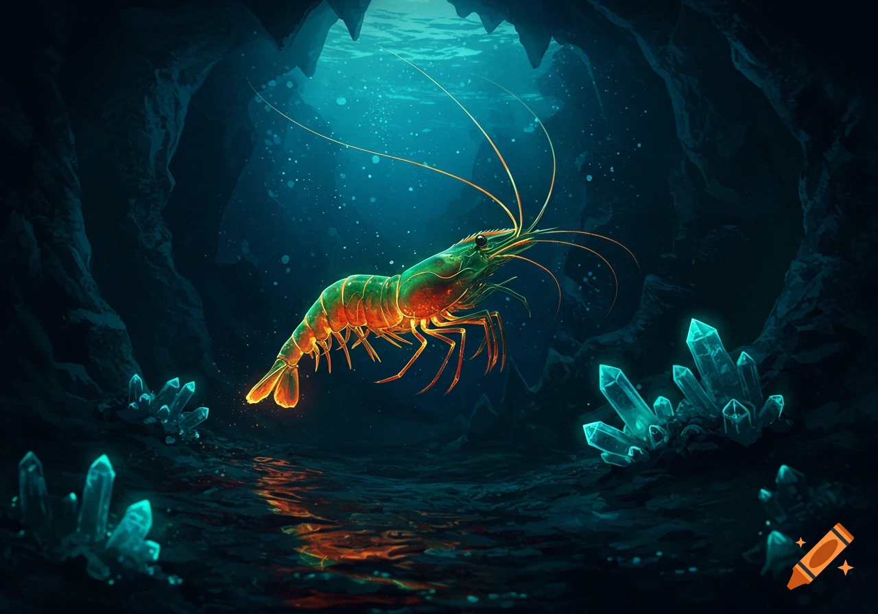 A glowing, orange-green shrimp swims in a dark underwater cave with bright blue glowing crystals and sparkling water.