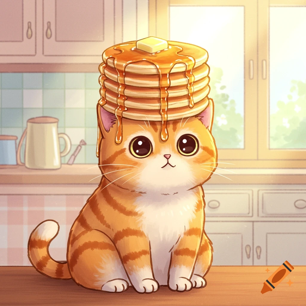 A cute cartoon tabby cat sits on a counter with a stack of pancakes and butter on its head in a bright kitchen.