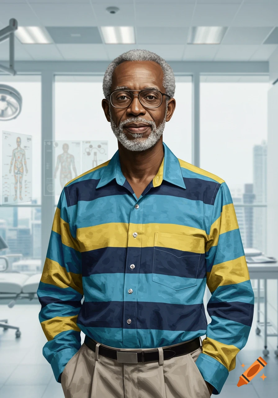 A bearded Black man in glasses and a blue and yellow striped shirt stands in a medical lab with holographic anatomical diagrams.