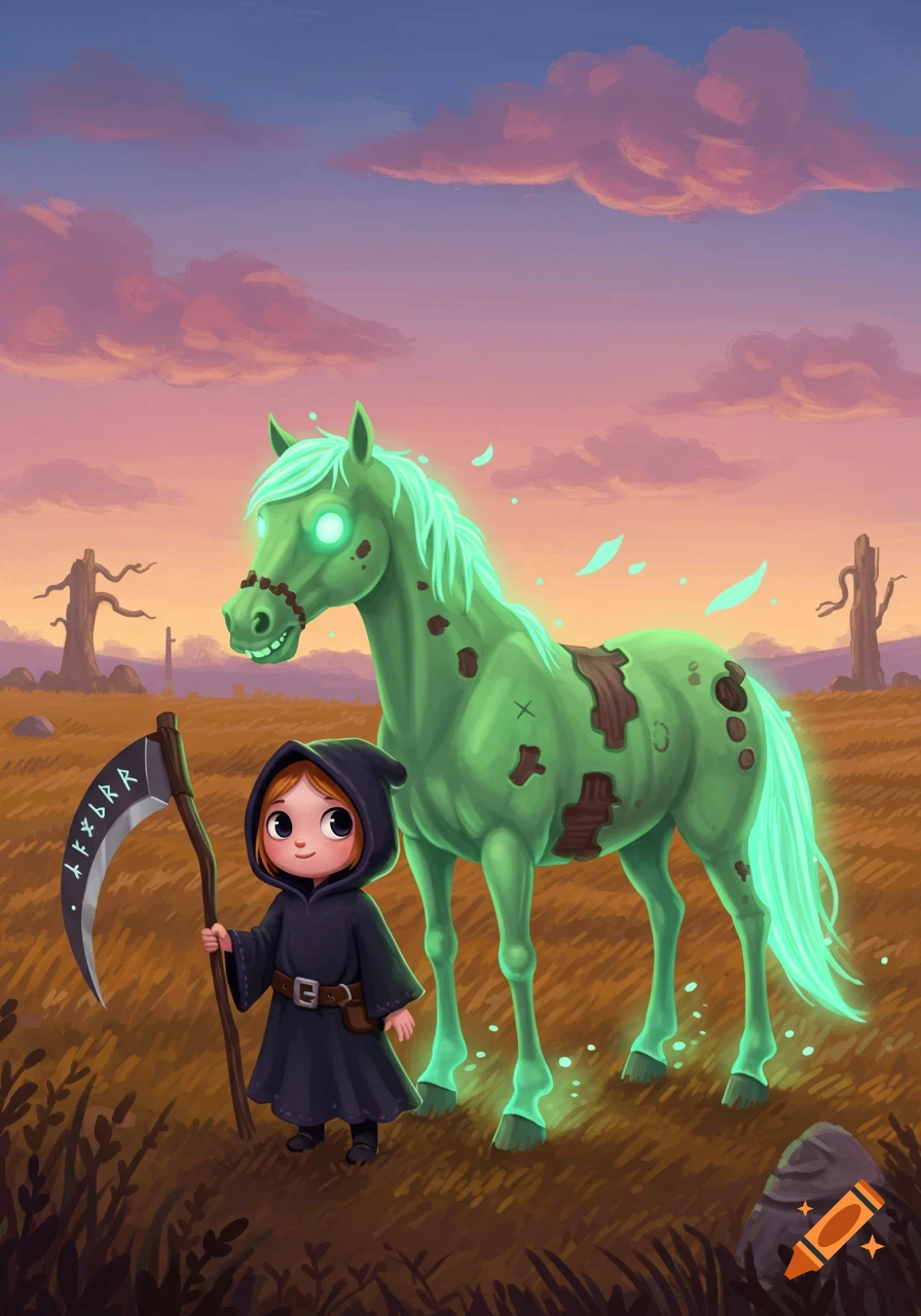 A cute cartoon grim reaper girl stands with her glowing green zombie horse in a field at sunset.