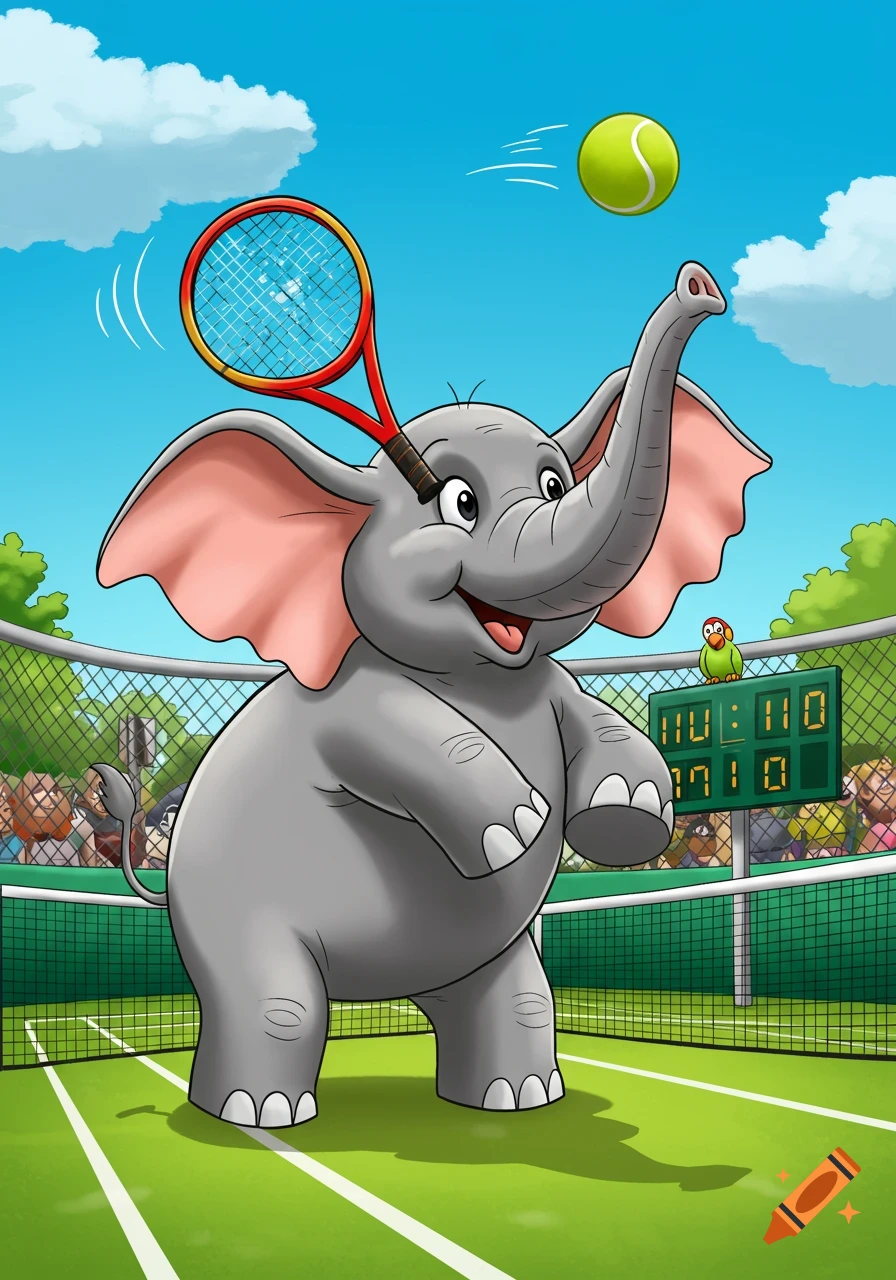 A happy cartoon elephant plays tennis, holding a racket with its trunk and watching a ball in the air.