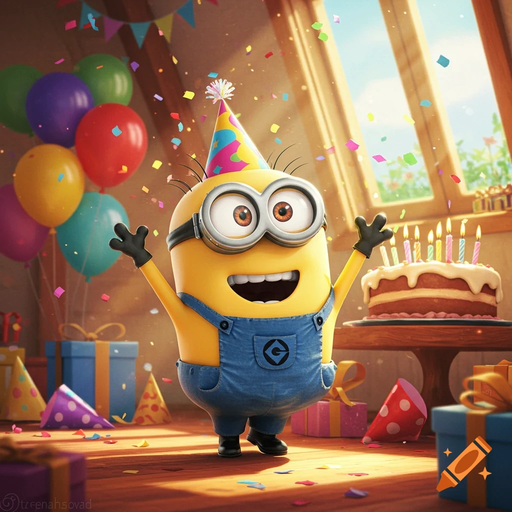 A happy Minion wearing a party hat, arms raised in excitement, at a birthday party with colorful balloons, confetti, presents, and a cake with lit candles.