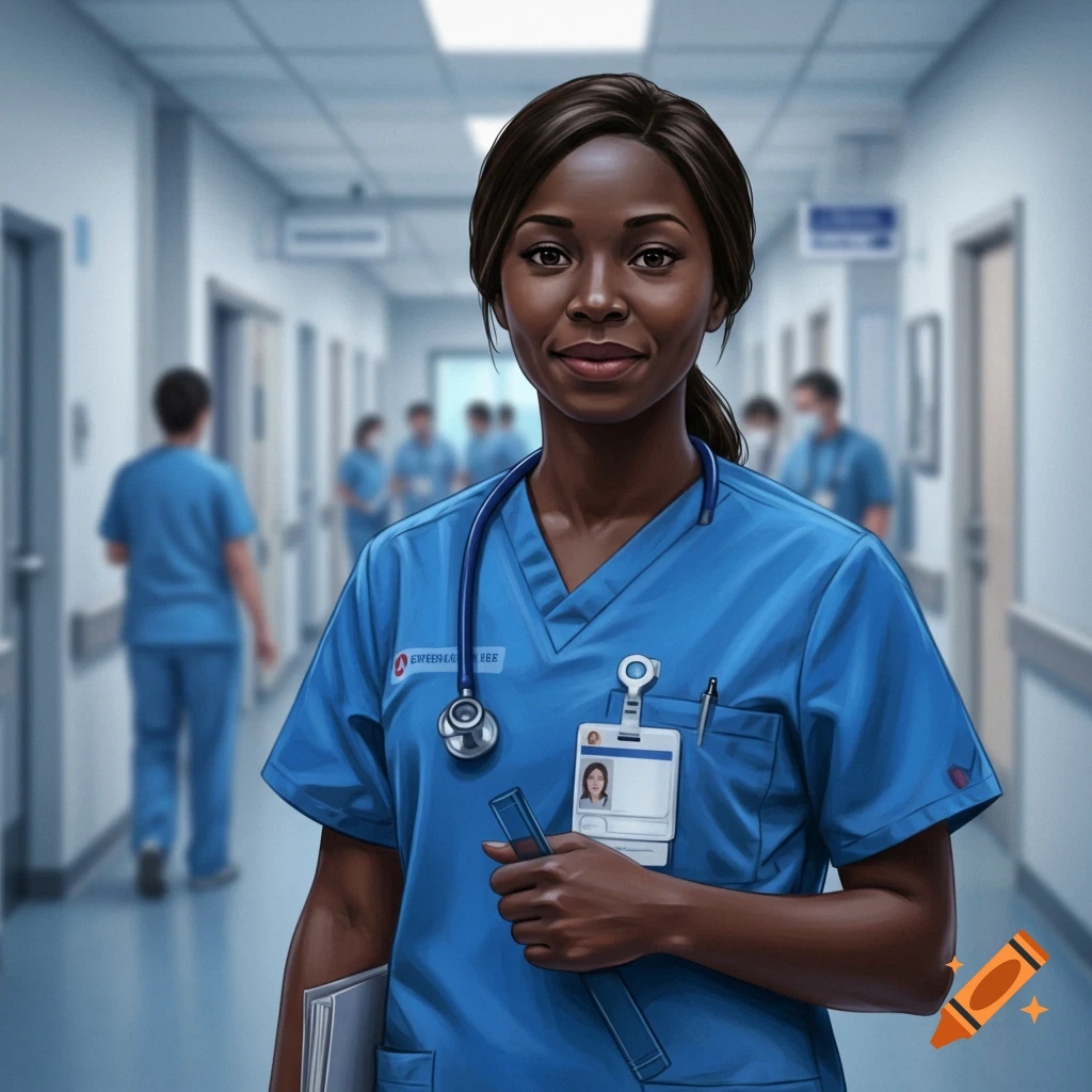 A smiling Black female nurse in blue scrubs and a stethoscope stands in a hospital hallway.