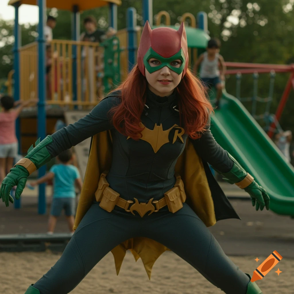 Teenage Batgirl in a Robin-style mask and costume posing at a playground.