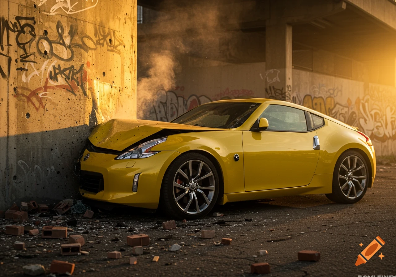 A yellow Nissan 370z crashed into a graffiti-covered concrete wall with debris on the ground, illuminated by golden hour light.