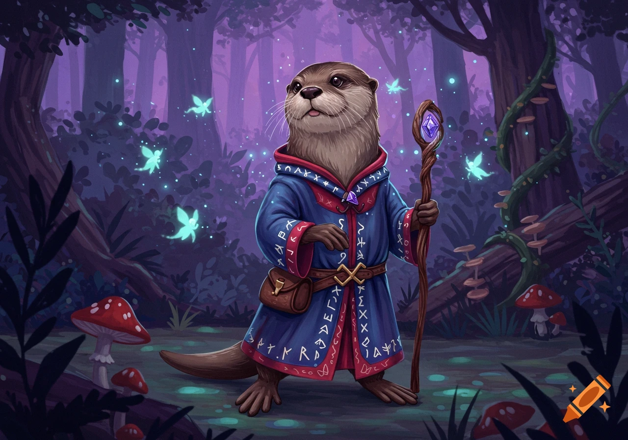 An anthropomorphic otter dressed as a wizard, holding a staff, stands in a magical purple forest with glowing fairies and mushrooms.