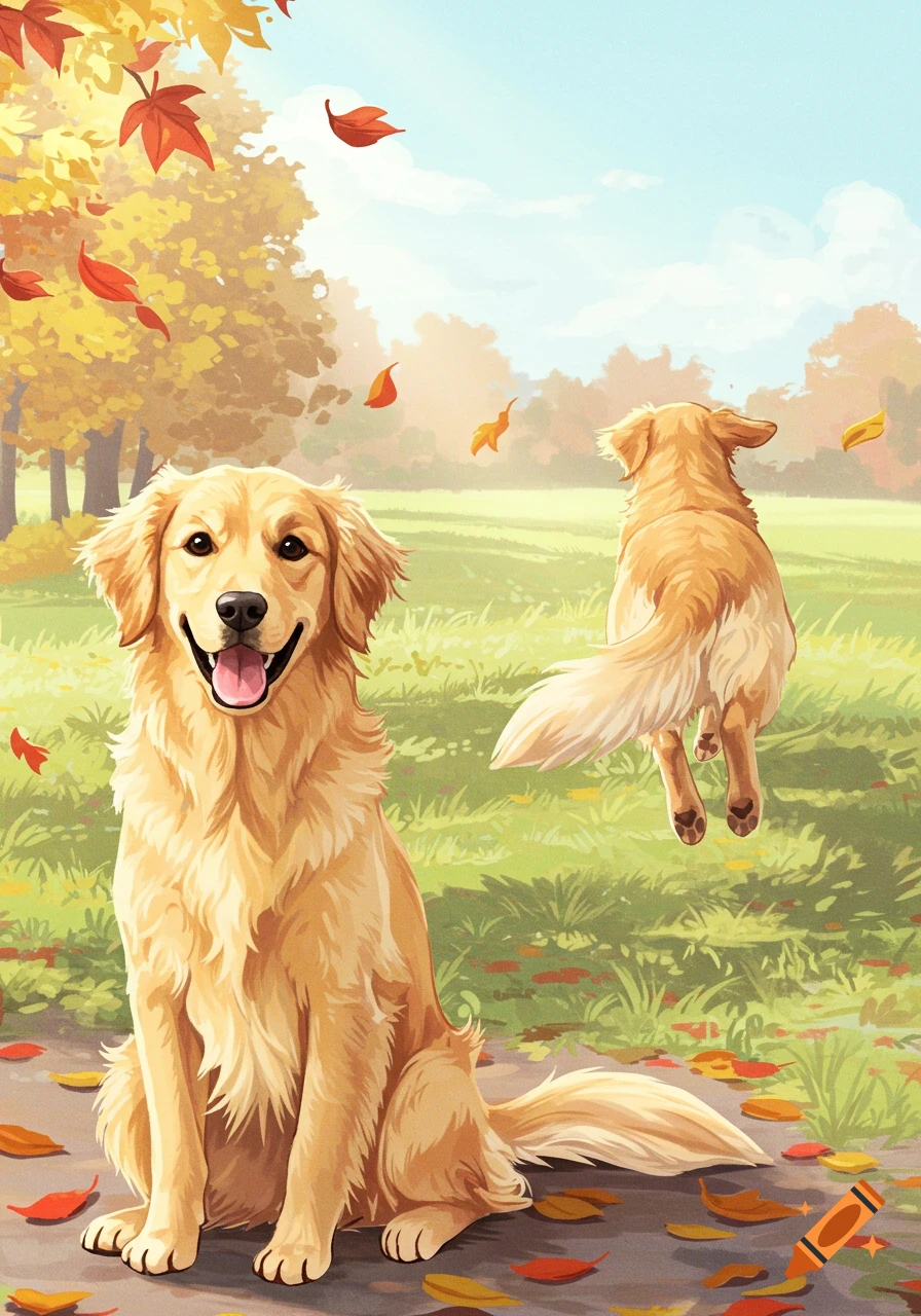 An illustration of two happy golden retrievers in an autumn park with falling leaves; one sits facing forward, the other runs away.