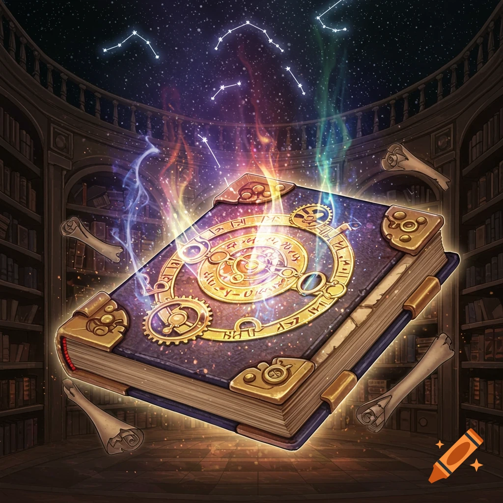 A majestic ancient magical tome floats in a grand arcane library, glowing with cosmic energy and intricate runes. Radiant light spirals upward, with constellations visible in the dark background.