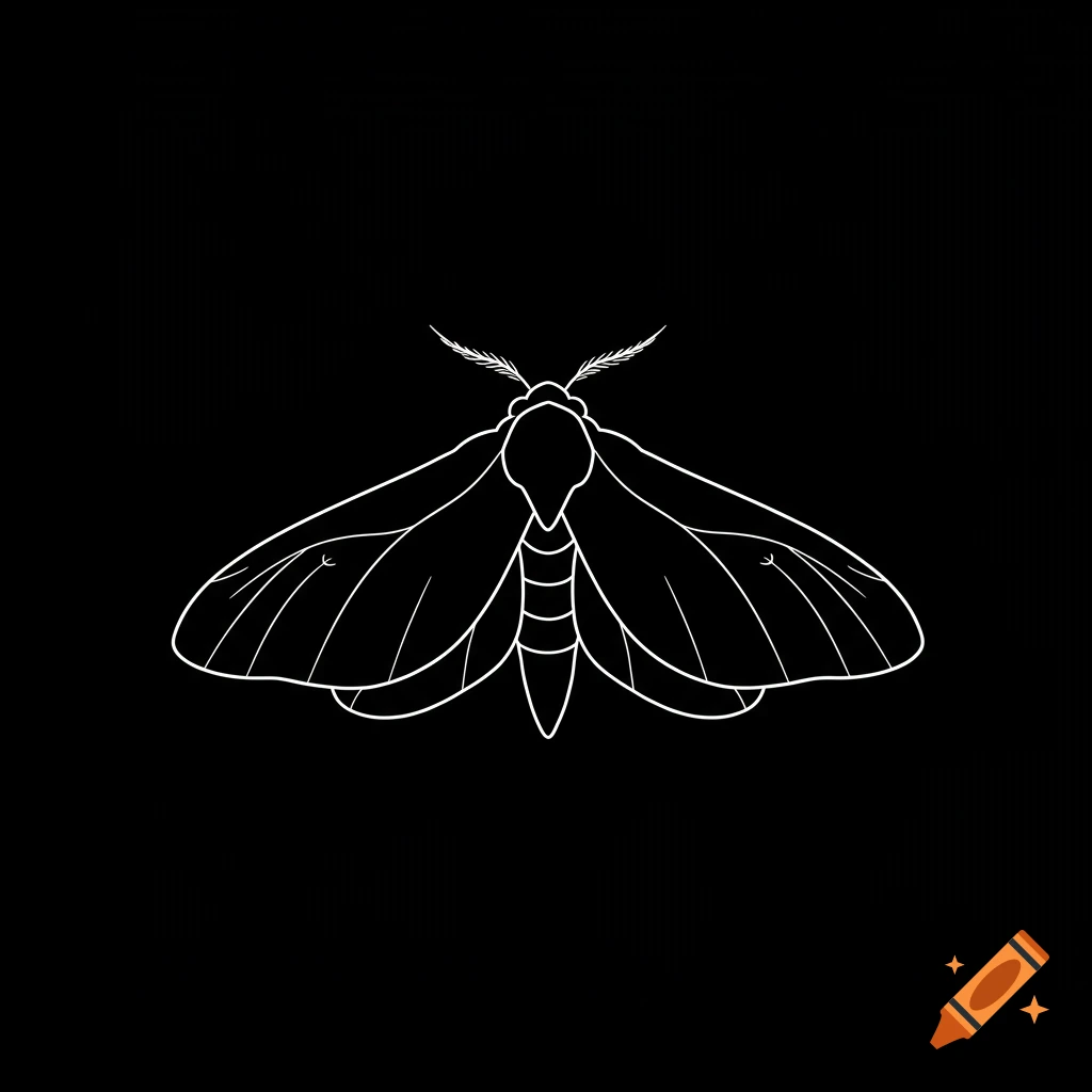 White outline illustration of a moth against a black background.
