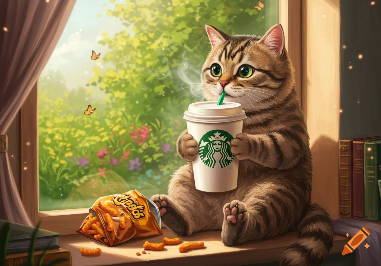 Cute tabby cat by a window, drinking Starbucks coffee with a green straw and a Cheetos bag nearby. Illustration style.