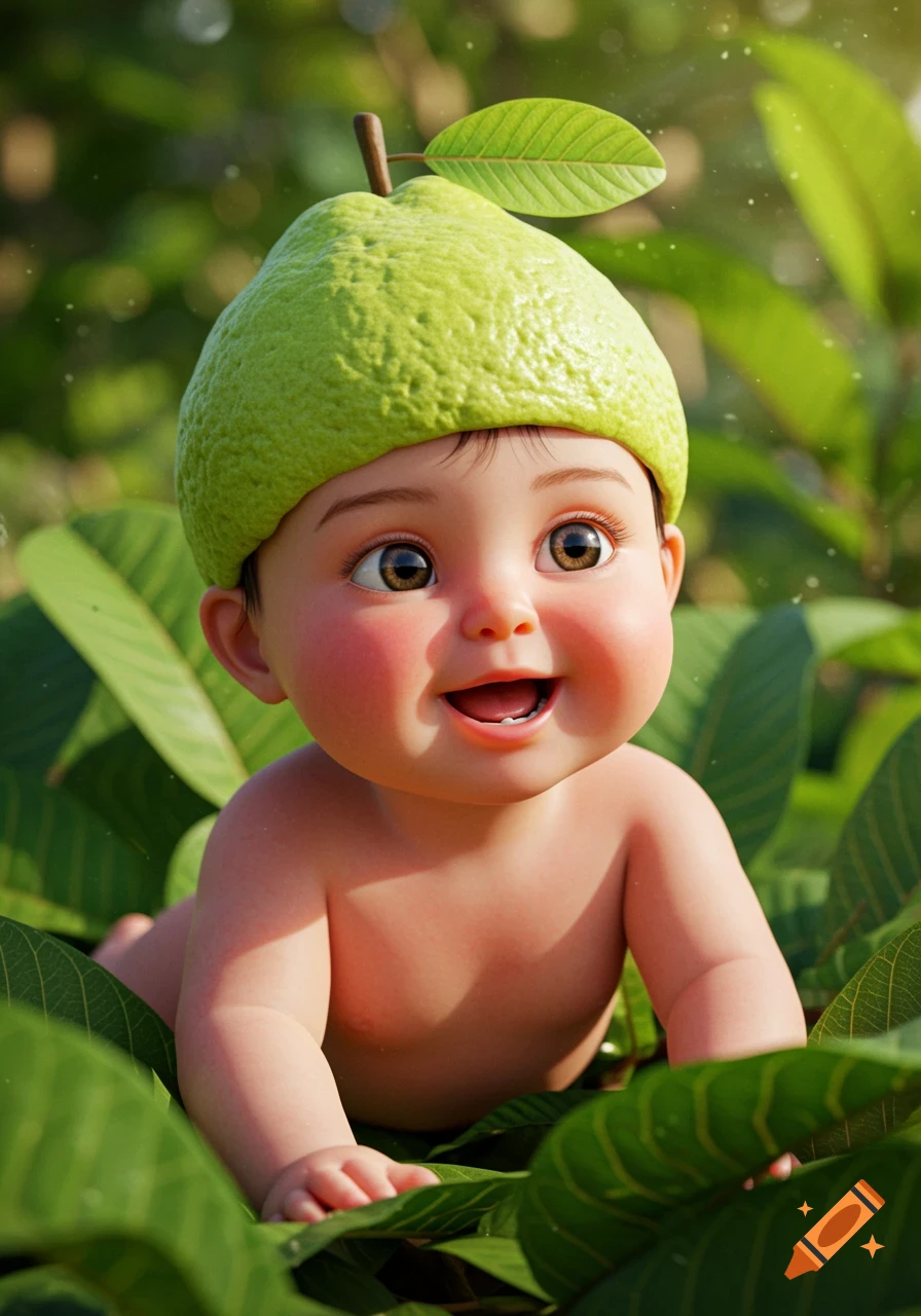 A photorealistic image of a cute baby wearing a guava hat, smiling and crawling among green leaves.