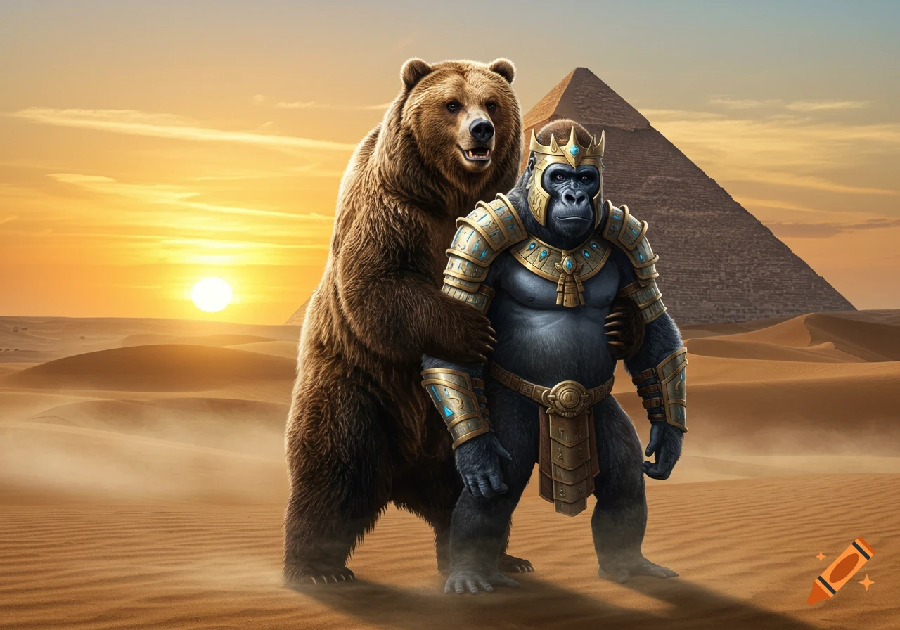 A grizzly bear holding a gorilla in golden armor in a desert at sunset, with a pyramid in the background.