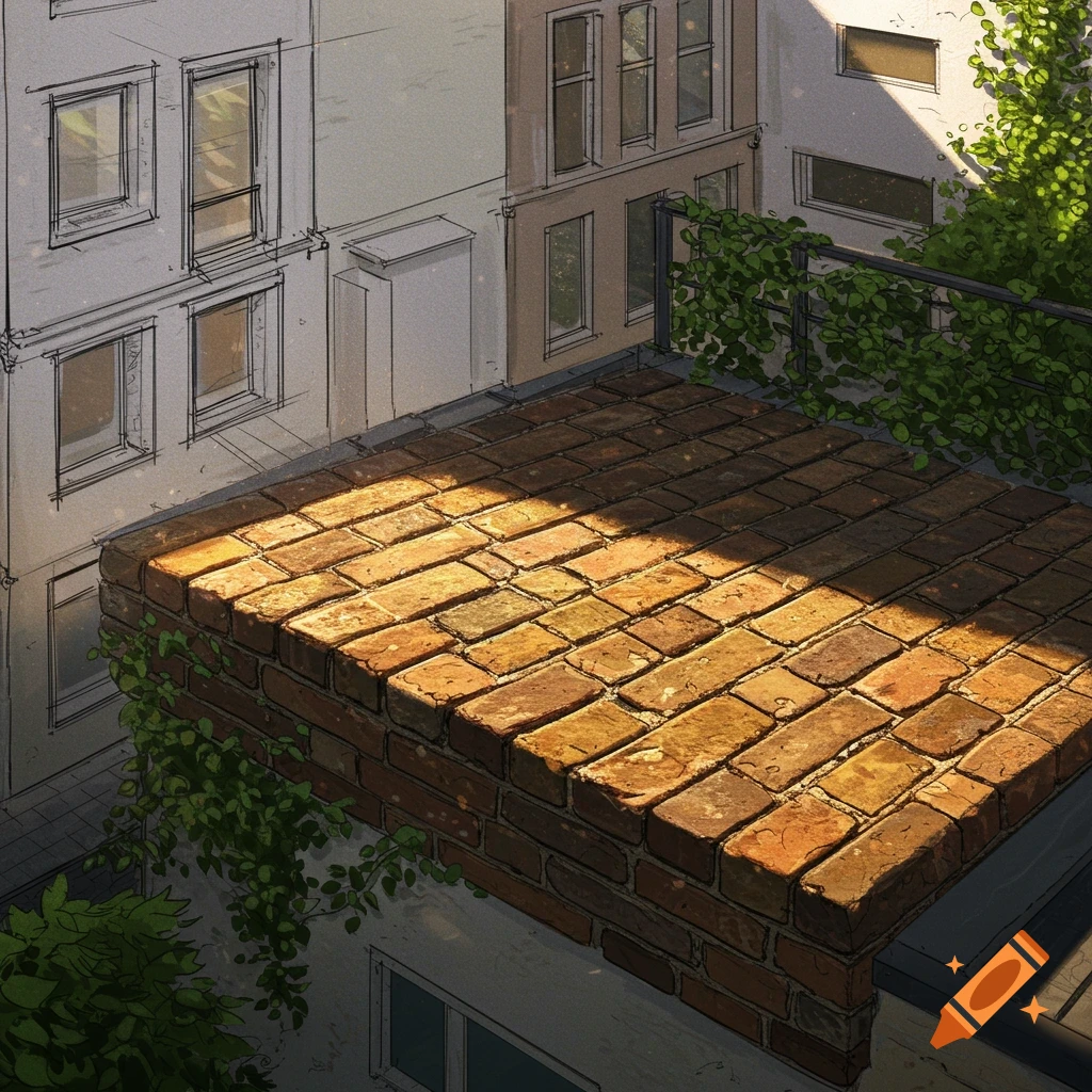 A sunny brick patio with green vines next to sketched architectural buildings.