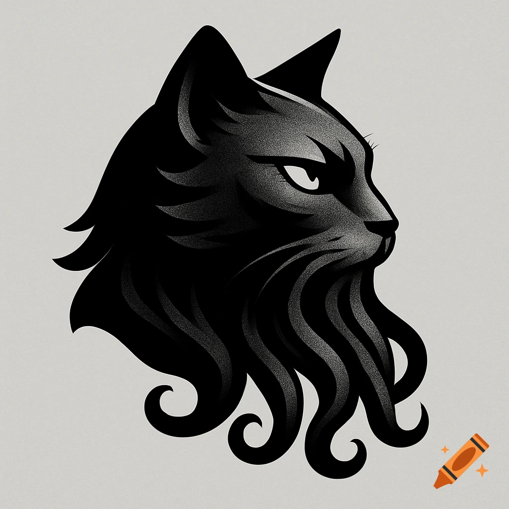 A stylized black cat head with tentacles instead of fur, in profile on a light gray background.