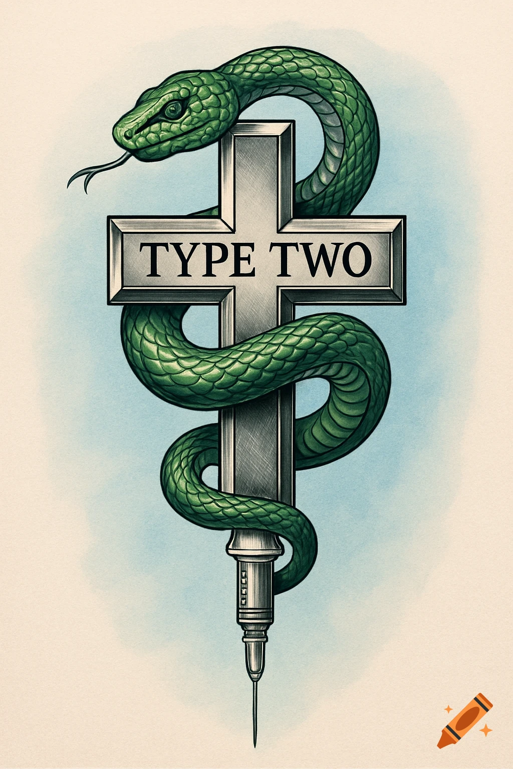 An illustrative tattoo design featuring a green snake wrapped around a silver cross that transforms into a needle, with the text 'TYPE TWO'.