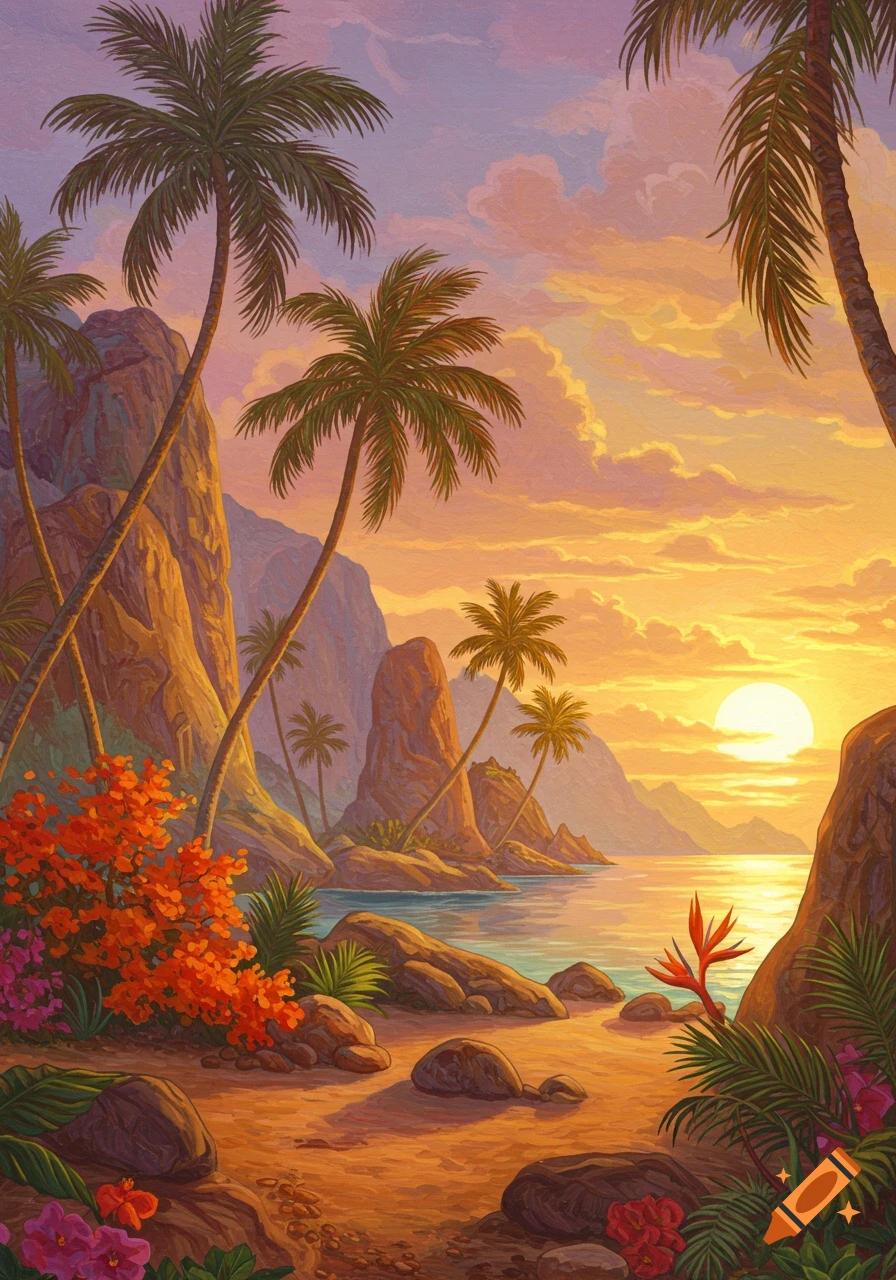 A vibrant, painterly tropical sunset with palm trees, rocky cliffs, and a calm ocean.